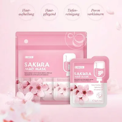 Pinke LAKOU Sakura Schlammmaske Mehrfachpackung und ein Einzelbeutel, mit Kirschblüten auf rosa Hintergrund