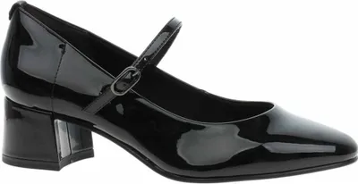 A single black patent leather Mary Jane shoe with a block heel is shown against a white background.