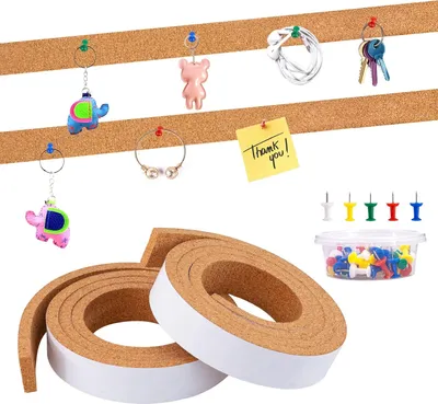 Productafbeelding van 2 rollen, kurklaagjes voor prikbord, stroken van 2,5 x 122 cm per rol, prikbord voor muren, cabines, kantoren, bureaus, klaslokalen, memobord, berichtenbalk