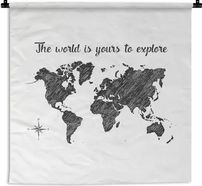 Produktbild von MuchoWow® Wandteppich Wandbehang Weltkarte - Schwarz und weiß - Zitat 150x150 cm Tapisserie Dekoration Wandtuch - Wohnaccessoires - Modernes