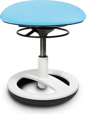 A studio shot of a blue and white adjustable stool.