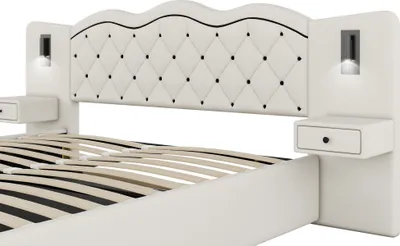 Produktbild von okwish Boxspringbett Polsterbett 180 x 200 cm mit integriertes Kopfteil mit USB-Ladeanschluss und 2 Nachttischlampen, Hydraulisches Stauraumbett mit Bettkasten Stauraum(Ohne Matratze)- Beige
