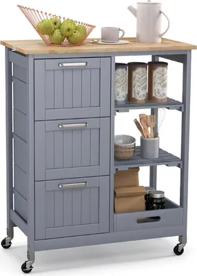 A gray kitchen cart with a wooden top, shown on a white background.
