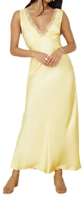 Produktbild von BAGONE Sommer-Maxikleid aus Satin, Spitze, V-Ausschnitt, rückenfrei, Hochzeitsgä