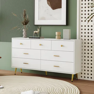 Produktbild von okwish Kommode Sideboard 140*35*76cm mit 7 Schubladen, goldene Griffe, goldene Beine- Weiß