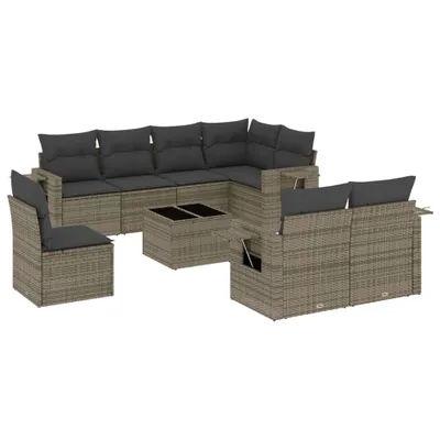 Produktbild von vidaXL 9-tlg. Garten-Sofagarnitur mit Kissen Grau Poly Rattan