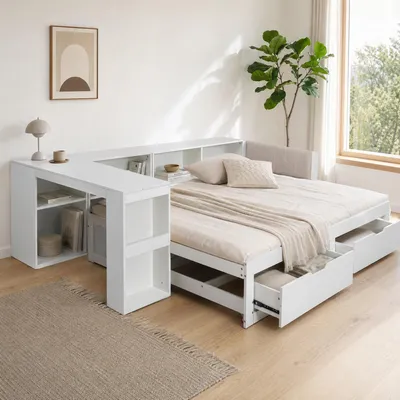 Imagen del producto de Cama multifuncional 3 en 1 en forma de L: cama + escritorio + almacenamiento. Fabricada en madera/MDF, con somier, cajones y estanterías, Imagen generada por IA