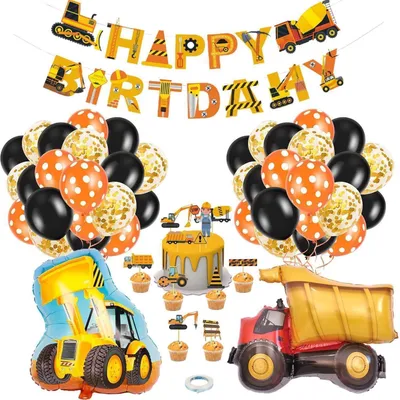 Immagine prodotto di Set di decorazioni per compleanno a tema cantiere edile: palloncini, striscioni, decorazioni per la torta