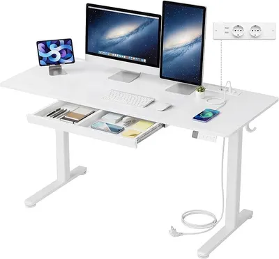 Imagen del producto de Escritorio de altura ajustable con enchufes y cajón, dimensiones 140 x 60 cm