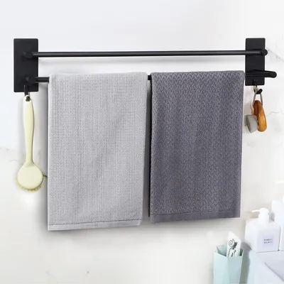 Immagine prodotto di Portasciugamani senza fori, 60 cm, acciaio inossidabile nero, a due barre, con 2 ganci