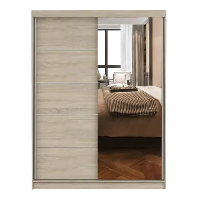 Produktbild von Schwebetürenschrank Kleiderschrank 150 cm Sonoma/Sonoma mit Spiegel und LED Vista 05