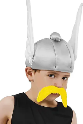 A child wearing a silver helmet with wings and a yellow mustache.
