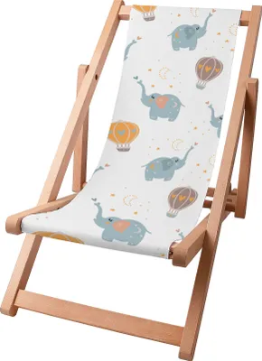 A wooden folding deck chair with a white fabric seat featuring a pattern of blue elephants and hot air balloons.