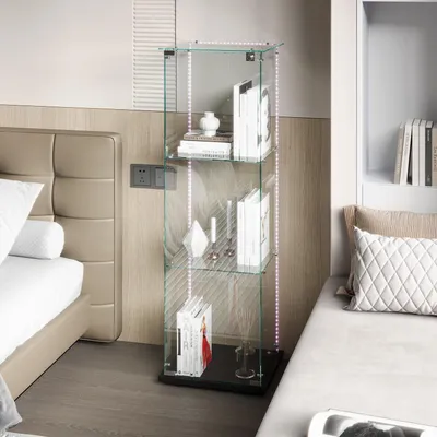 Zdjęcie produktu dla Szafka szklana z oświetleniem LED, 3 półki, czarna, 1 drzwi, zamykana na klucz