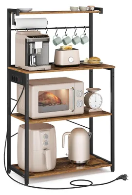 Image de Étagère de cuisine VASAGLE avec prises électriques, étagère pour micro-ondes, 4 niveaux, 8 crochets – Dimensions : 80 cm de largeur, couleur : marron vintage et noir encre