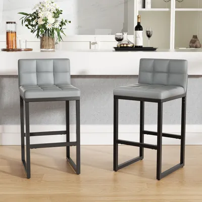Immagine prodotto di Set di 2 sgabelli da bar con schienale, color grigio chiaro, in ecopelle, con altezza seduta di 65 cm