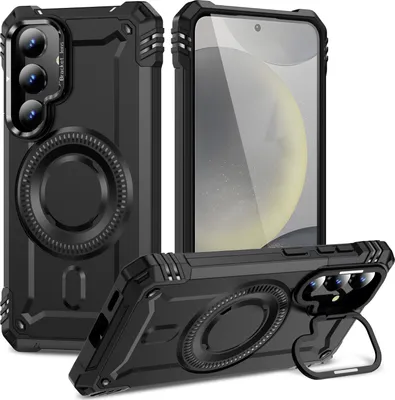 Image de Etui magnétique pour Samsung Galaxy S25, étui de protection militaire robuste avec support d'anneau pour appareil photo Noir