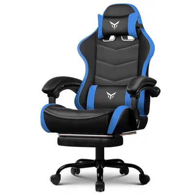 Zdjęcie produktu dla GTPLAYER Krzesło gamingowe Krzesło biurowe Ergonomiczne krzesło gamingowe z podnóżkiem, regulowanym zagłówkiem i podparciem lędźwiowym, fotel gamingowy, niebieski