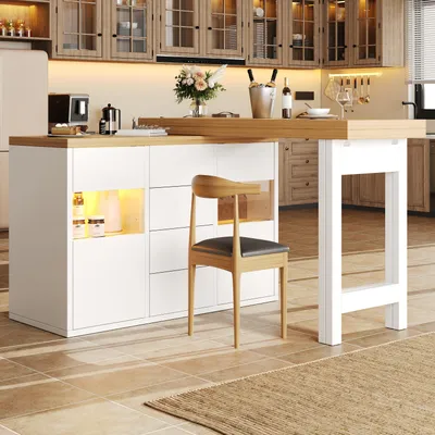 Immagine prodotto di Isola da cucina MODFU con piano girevole a 360°, 120–197 cm, tavolo da pranzo, mobile da cucina con LED, ante in vetro, tavolo da cucina con 4 cassetti, bianco