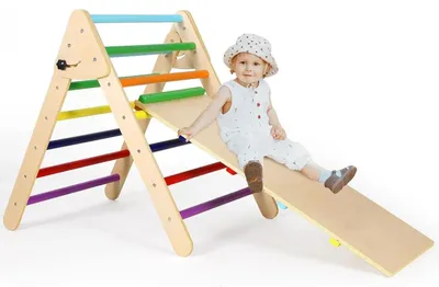 Produktbild von 2-in-1 Kletterdreieck Set Kinder - Indoor Klettergerüst - Holz Kletterspielzeug - Klappbar - Pikler Dreieck - Kiefernholz - Ab 2 Jahren