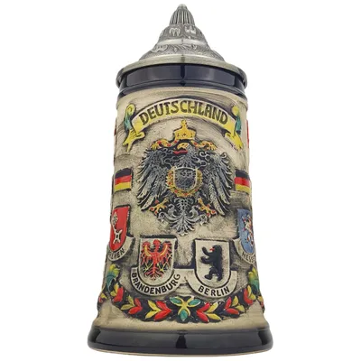 Produktbild von Bierkrug mit Deckel 0,7L – Steinkrug mit Deutschland-Motiv und Bundesländer-Design – Geschenkidee für Männer & Bierliebhaber (Rustikal Grau)
