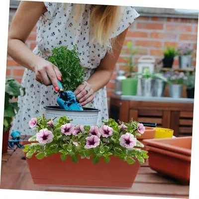 Produktbild von 4er-Set rechteckige Fensterkasten-Untersetzer und Pflanzgefäße aus Kunststoff und Harz für Blumen, Gemüse und Kräuter
