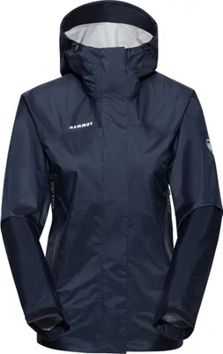 Dunkelblaue Hardshelljacke für Damen; Microlayer 2.0 HS Hooded Jacket von Mammut; mit Kapuze.