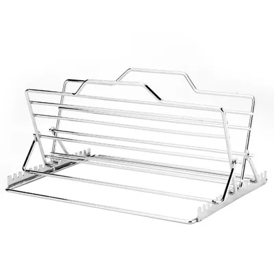 A metal roasting rack for a turkey, shown from a slight angle against a white background.