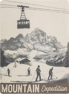 A vintage-style illustration of a mountain scene with a ski lift, mountains, a cabin, and skiers.