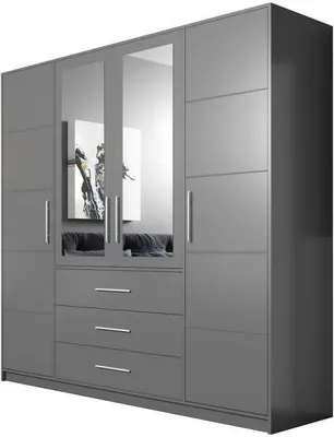 Produktbild von BETTSO Drehtürenschrank Kleiderschrank mit 4 Türen und 3 Schubladen Spiegel Garderobenschrank Garderobe mit Silberne Griffe Bali D4 Graphit