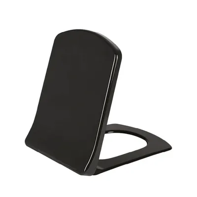 A black toilet seat on a white background.