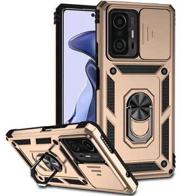 Immagine prodotto di Custodia per Xiaomi 11T / 11T Pro Custodia a doppio strato con copertura scorrevole della fotocamera e supporto ad anello Oro