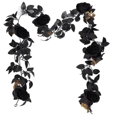 Produktbild von Künstliche Schwarze Rosenranke 17,5m mit Goldenen Beeren & Schwarzen Blättern für Halloween Deko
