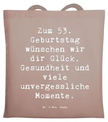Produktbild von Mr. & Mrs. Panda Tote Bag Spruch 53. Geburtstag Glück - Braun Pastell - Geschenk, Uni Tasche, Happy Birthday, besonderer, herzliche Glückwünsche, Alter, Unitasche, feiern