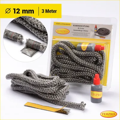 Produktbild von Temprix Kamindichtung & Ofendichtung Ø 12 mm - 3 Meter inkl. Kleber | feuerfeste Ofenschnur, Kaminschnur & Dichtband bis 650°C temperaturbeständig | Dichtung für Kamin, Ofen & Grill