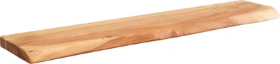 A single wooden shelf with a live edge, presented against a white background.