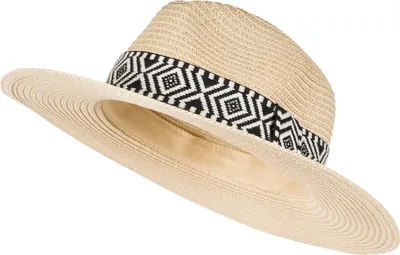 Produktbild von styleBREAKER Damen Panama Sonnenhut Einfarbig mit Stoff Hutband mit Azteken Muster, Strohhut, Schlapphut, Sommerhut, Fedora Hut 04025046