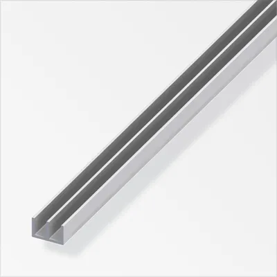 A silver aluminum profile rail on a white background.