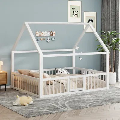 Immagine prodotto di okwish Letto basso in metallo, 140 x 200 cm, Letto per bambini in metallo con struttura in legno, Sponde decorative, Ringhiera, Bianco (Senza materasso)