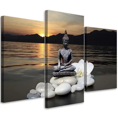 Produktbild von Triptychon auf leinwand buddha vor einem sonnenuntergangshintergrund 120x80 cm Feeby braun wandbild bereit zum aufhängen