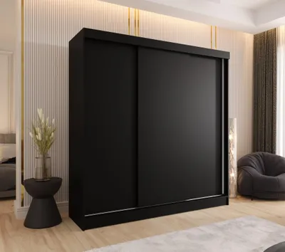 Produktbild von Schwebetürenschrank 3-türig mit 2 Schubladen 220x205x58 cm Schwarz – Moderner Kleiderschrank für Schlafzimmer und Flur