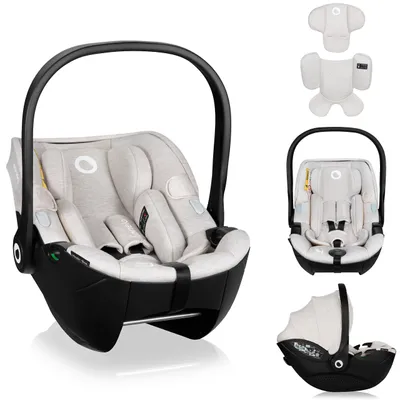 A baby car seat is shown from multiple angles, along with its accessories.