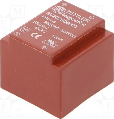 Immagine prodotto di 1 trasformatore: rivestito, 83,3 mA, 6,3 V, 0,5 VA, 230 VAC. Montaggio: BV202S06005ZU -Tra