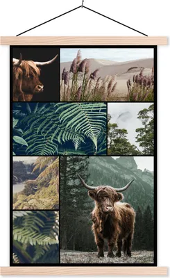 Produktbild von MuchoWow® Textilposter Schottische Hochlandrind - Collage - Pflanzen - Natur 120x180 cm mit holzfarbenen Rahmen - Textil-Plakat
