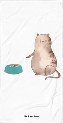 Produktbild von Mr. & Mrs. Panda Strandtuch Katze Fressen - Weiß - Geschenk, Duschtuch, Großes Badehandtuch, Duschhandtuch, Handtuch