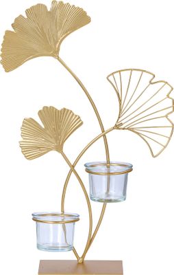 Teelichthalter H34cm Ginkgo Gold Metall Kerzenhalter Kerzenständer Tischdeko