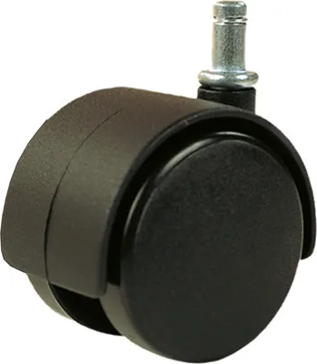 A close-up studio shot of a black office chair caster wheel.
