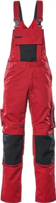 A pair of red and black work overalls shown front-on against a white background.