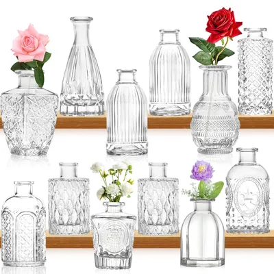 12 Mini-Glasvasen, Knospenvasen, verschiedene Höhen 8,1–13,7 cm
