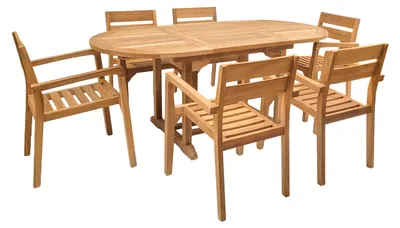 Produktbild von Endorphin Gartenmöbel Set 7tlg. Teakholz, Tisch oval 180cm, ausziehbar mit 6 Stühlen stapelbar